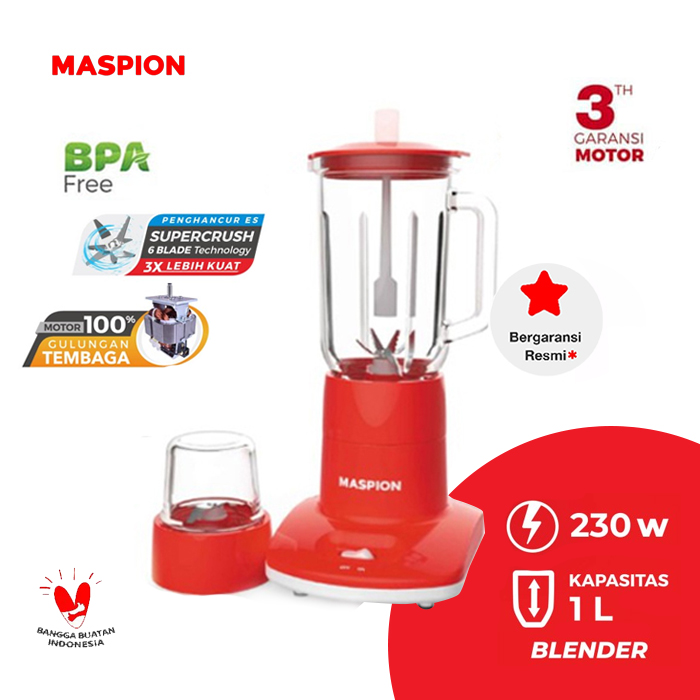 Maspion Blender Gelas Kaca 2in1 1 Liter - MT1262GL | MT-1262 GL - Merah